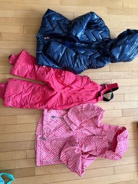 Columbia Hot Pink Girls Snow Bibs with Adjustable Straps with navy jacket